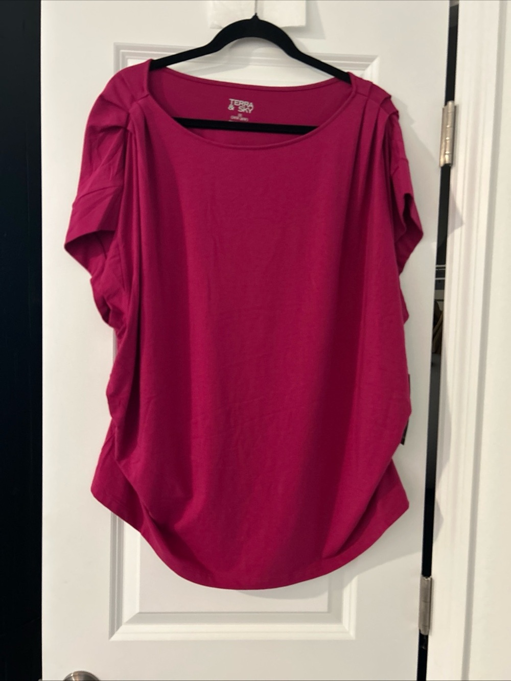 Terra & Sky Women's Plus Pleated Shoulder Top with Short Sleeves, Size 3x- Pink